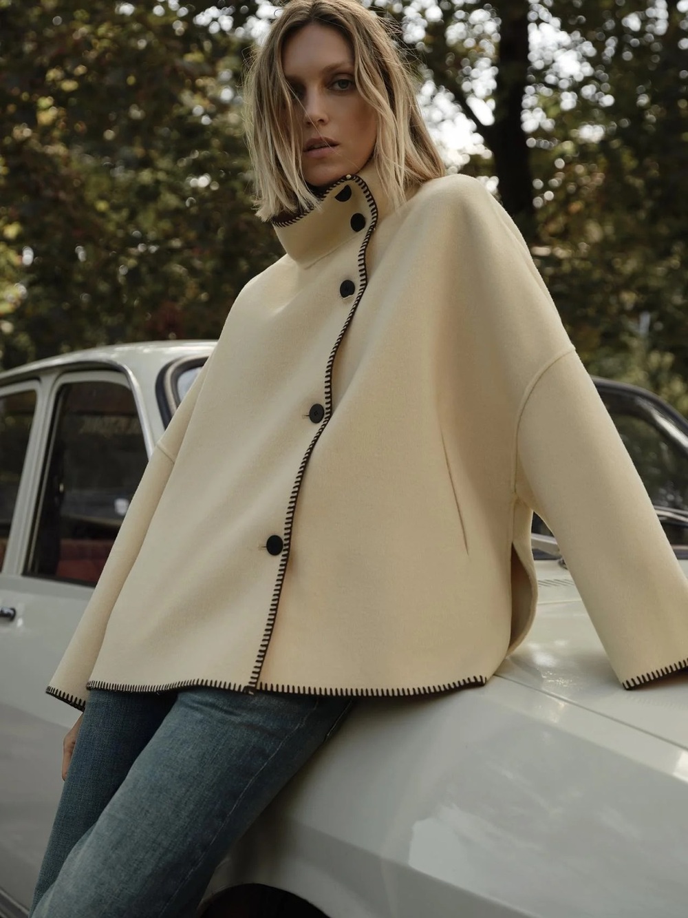 Zara ZW Collection Wool Blend Oversized Jacket M Cream Contrast Stitch NWT